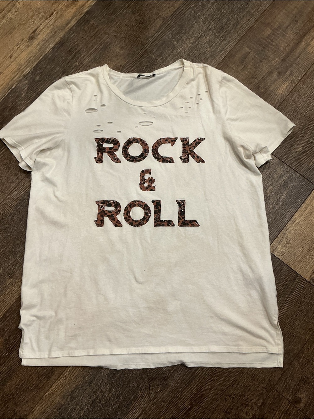 Rock & Roll Short Sleeve Tee - White with Leopard Print size Large